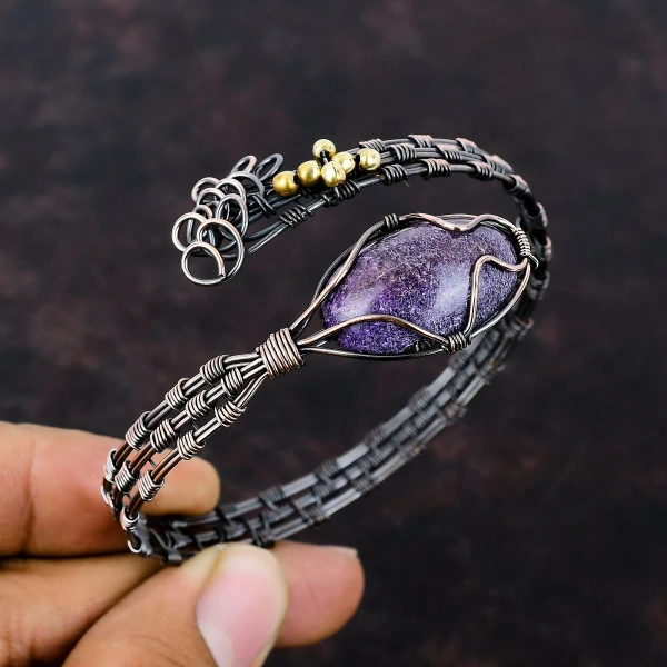 Purpurite Oval Purple Handmade Copper Wire Wrapped Bangle