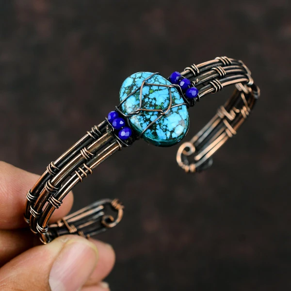 Tibetan Turquoise Oval Blue Handmade Copper Wire Wrapped Bangle
