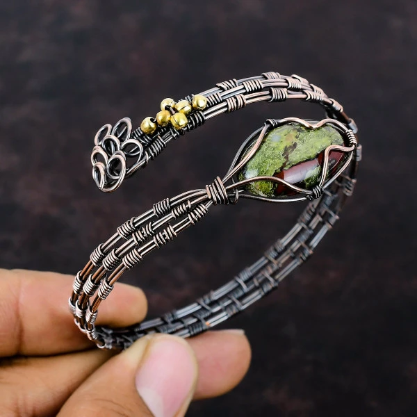 Dragon Bloodstone Oval Green Handmade Copper Wire Wrapped Bangle