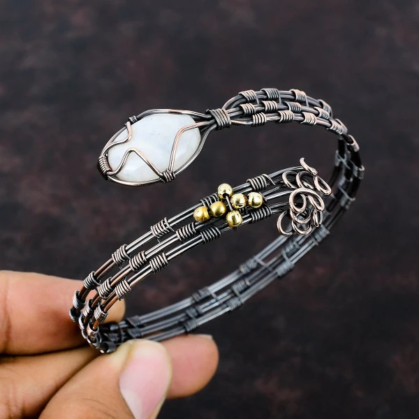 Rainbow Moonstone Oval White Handmade Copper Wire Wrapped Bangle
