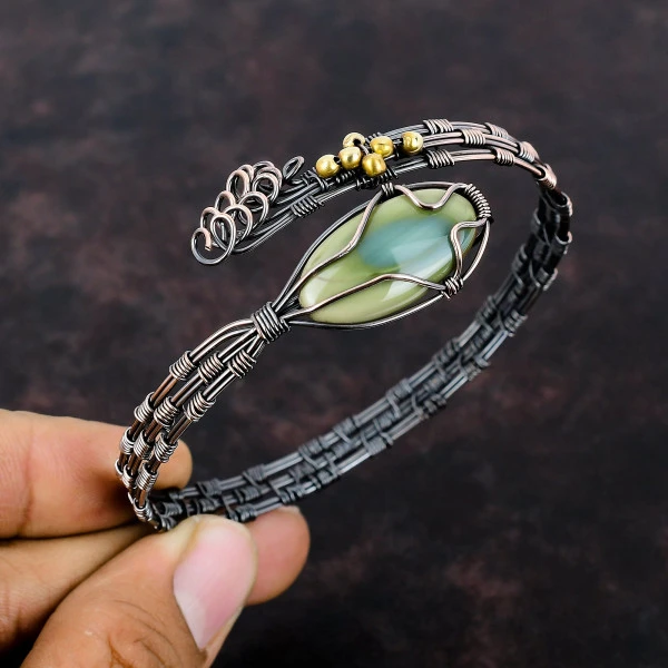 Imperial Jasper Oval Green Handmade Copper Wire Wrapped Bangle