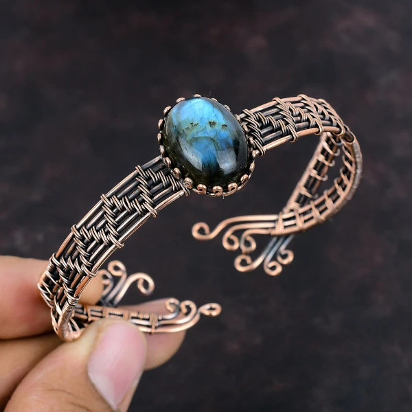Labradorite Oval Gray Handmade Copper Wire Wrapped Bangle