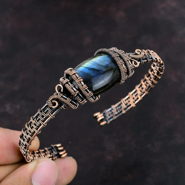 Labradorite Oval Gray Handmade Copper Wire Wrapped Bangle