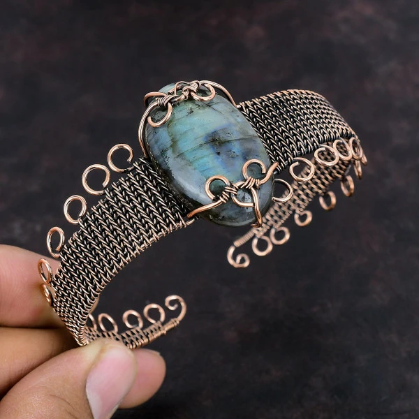 Labradorite Oval Gray Handmade Copper Wire Wrapped Bangle