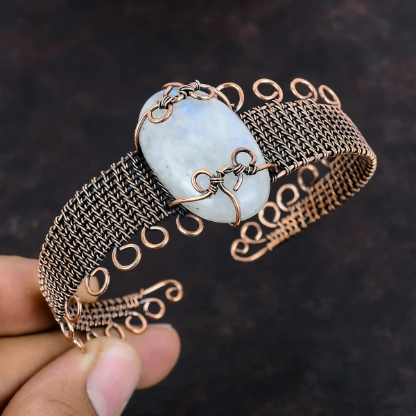 Rainbow Moonstone Oval White Handmade Copper Wire Wrapped Bangle