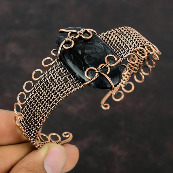 Picasso Jasper Oval Black Handmade Copper Wire Wrapped Bangle