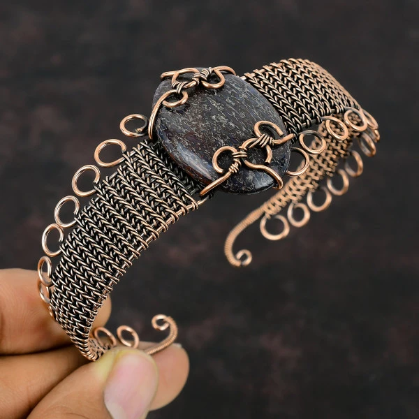 Dinosaur Bone Oval Black Handmade Copper Wire Wrapped Bangle
