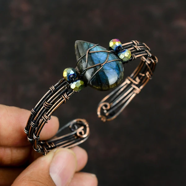 Labradorite Pear Gray Handmade Copper Wire Wrapped Bangle