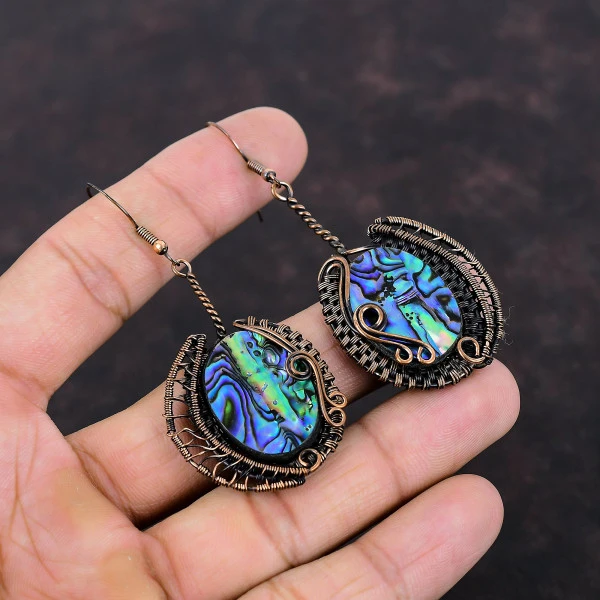 Abalone Shell Oval Blue Handmade Copper Wire Wrapped Earrings