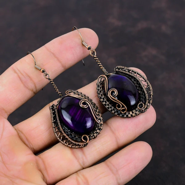 Purple Fire Labradorite Oval Purple Handmade Copper Wire Wrapped Earrings