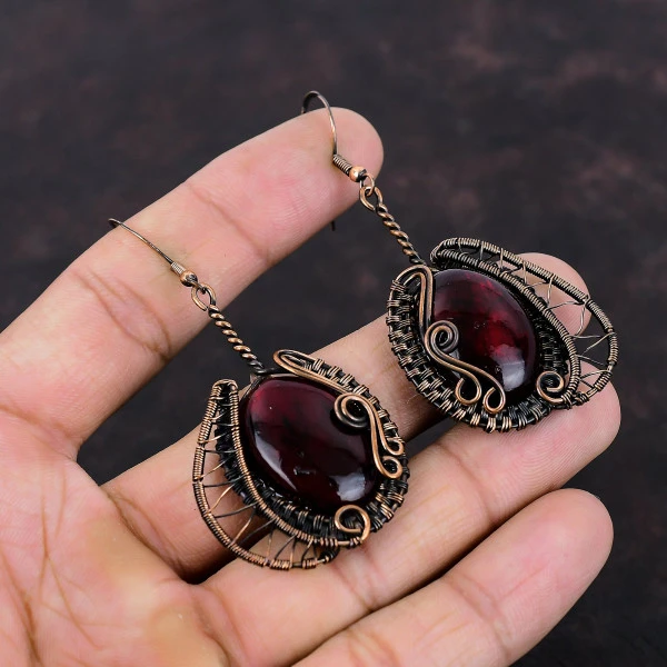 Red Fire Labradorite Oval Red Handmade Copper Wire Wrapped Earrings
