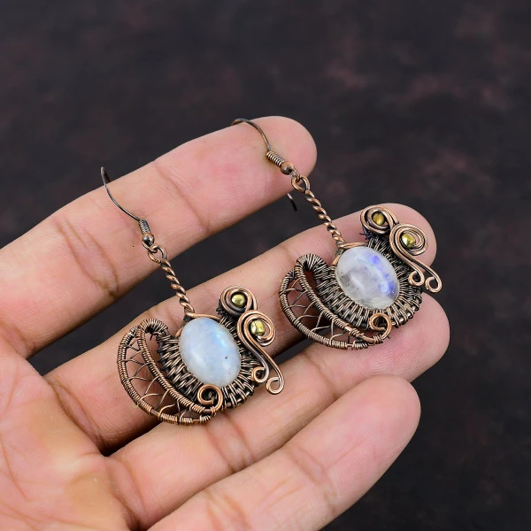 Rainbow Moonstone Oval White Handmade Copper Wire Wrapped Earrings