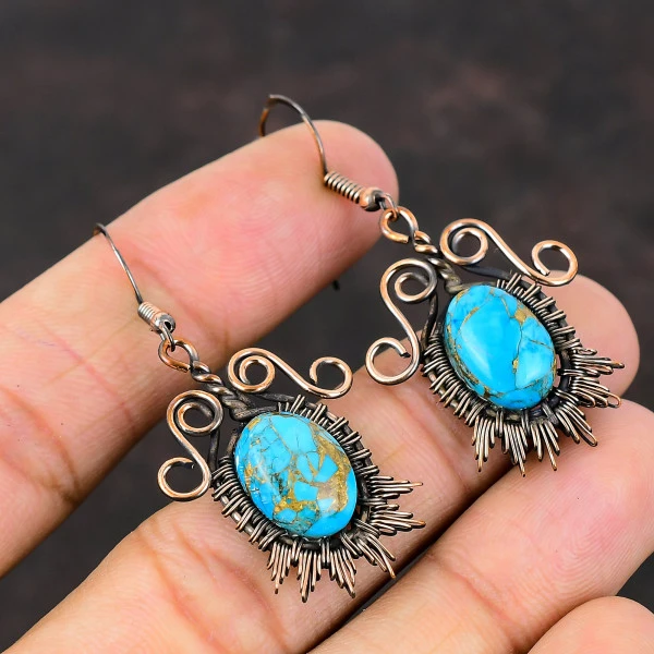 Copper Blue Turquoise Oval Blue Handmade Copper Wire Wrapped Earrings