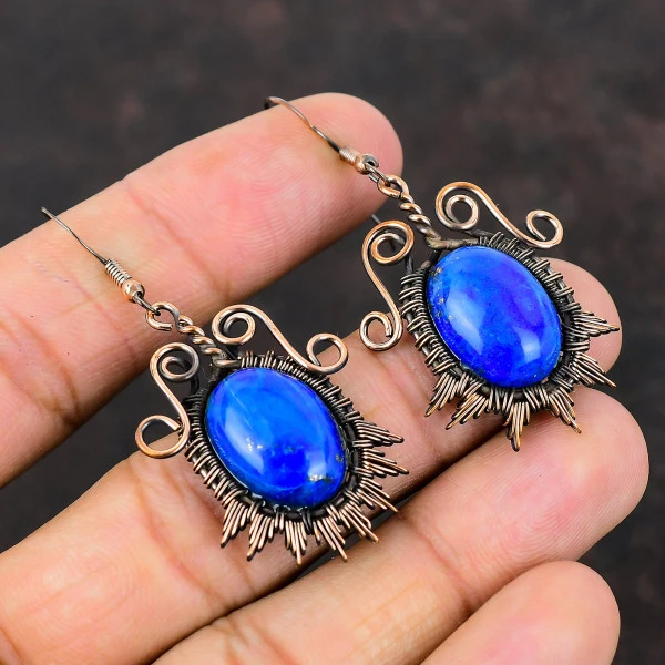 Lapis Lazuli Oval Blue Handmade Copper Wire Wrapped Earrings
