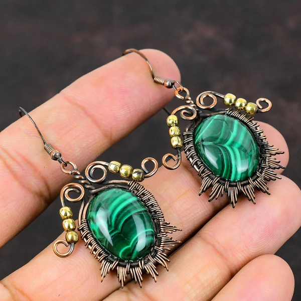 Malachite Oval Green Handmade Copper Wire Wrapped Earrings
