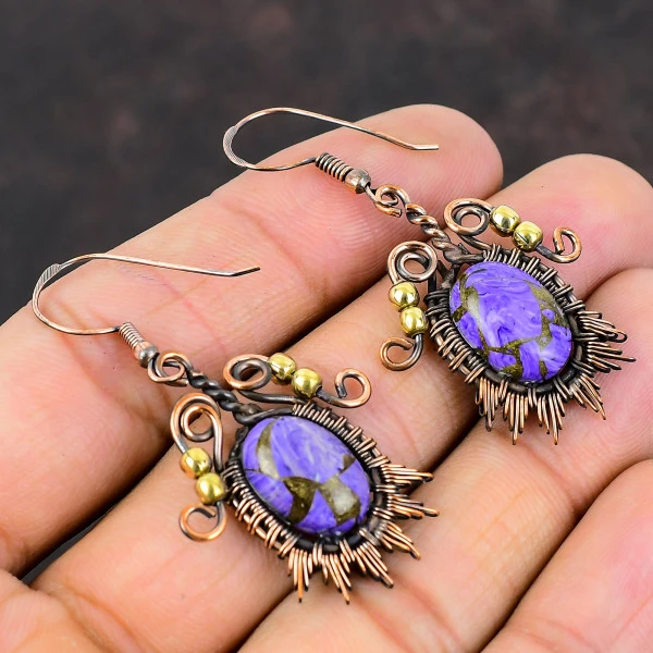 Copper Charoite Oval Purple Handmade Copper Wire Wrapped Earrings