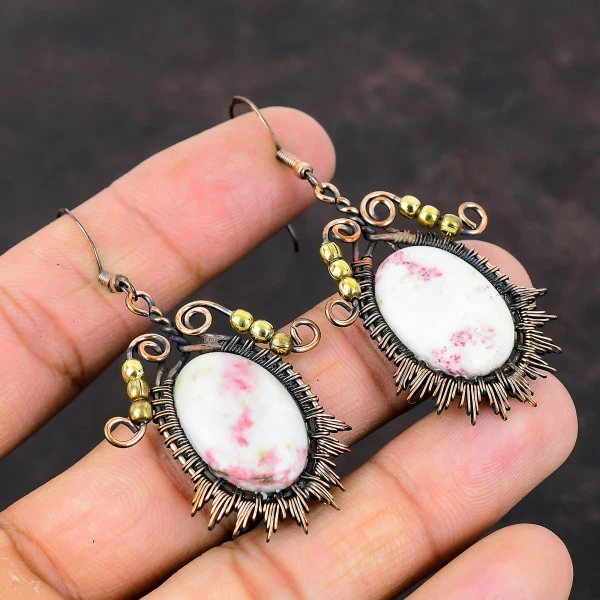 Cinnabar Oval White Handmade Copper Wire Wrapped Earrings