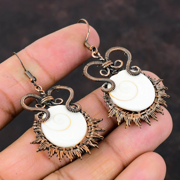 Shiva Eye Shell Oval White Handmade Copper Wire Wrapped Earrings