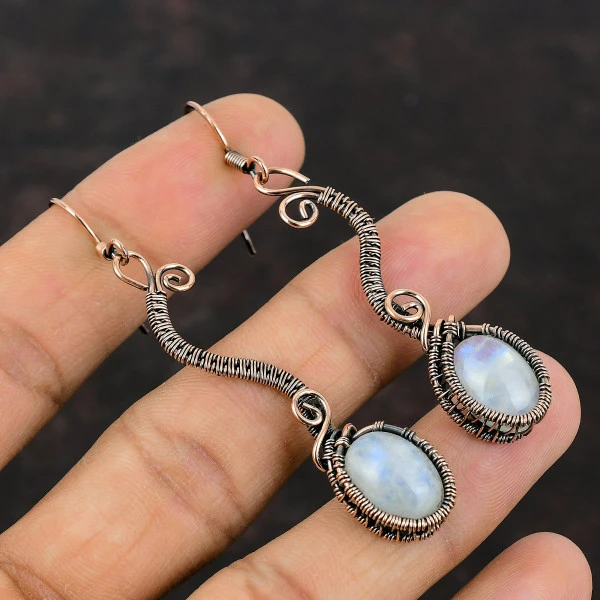 Rainbow Moonstone Oval White Handmade Copper Wire Wrapped Earrings