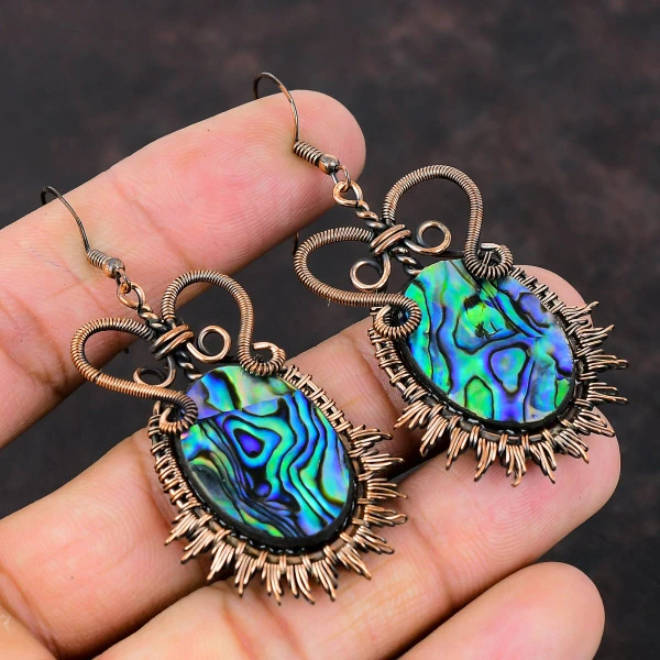 Abalone Shell Oval Green Handmade Copper Wire Wrapped Earrings