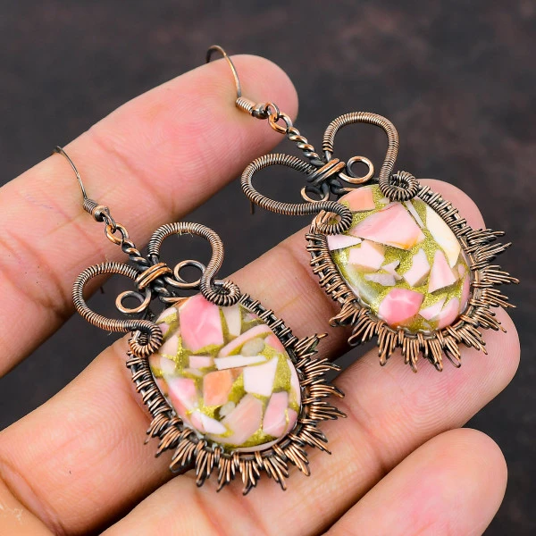 Copper Pink Opal Oval Pink Handmade Copper Wire Wrapped Earrings