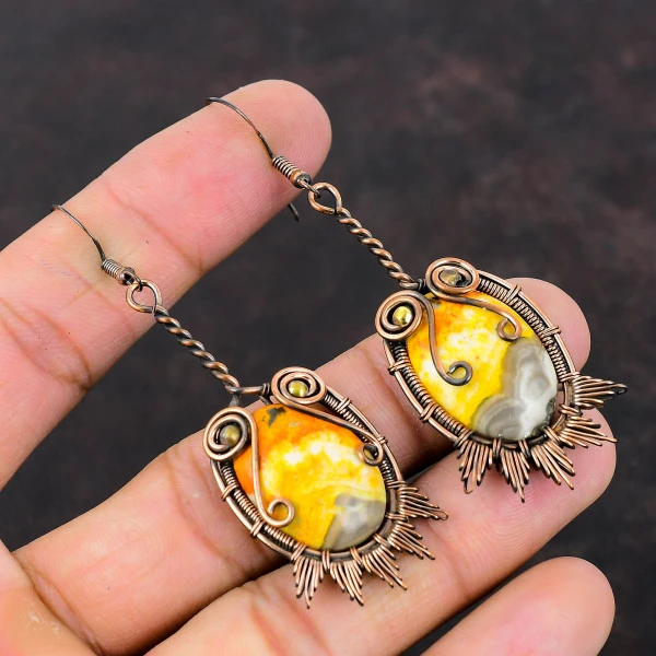 Bumble Bee Jasper Oval Yellow Handmade Copper Wire Wrapped Earrings