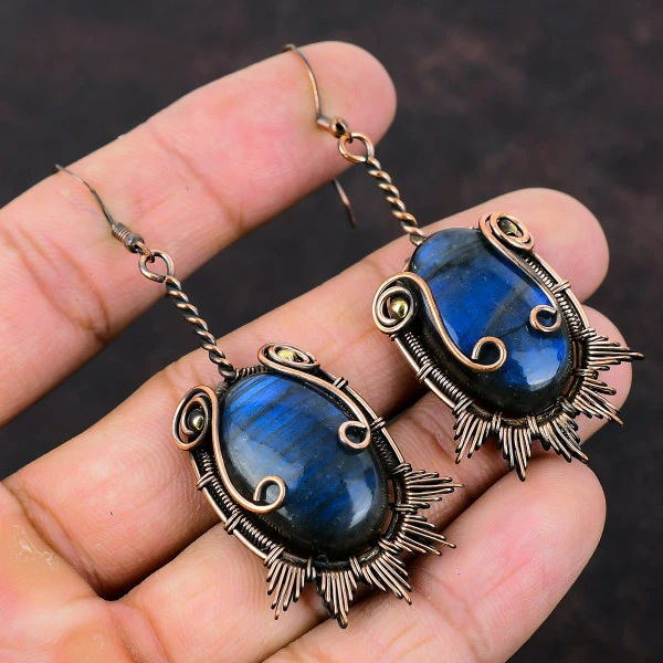 Labradorite Oval Blue Handmade Copper Wire Wrapped Earrings