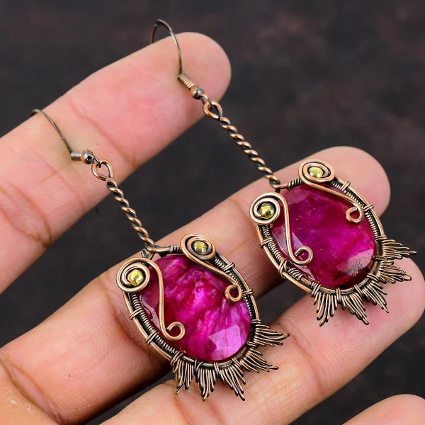 Kashmir Ruby Oval Red Handmade Copper Wire Wrapped Earrings