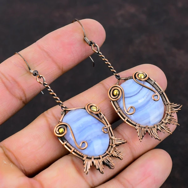 Blue Lace Agate Oval Blue Handmade Copper Wire Wrapped Earrings