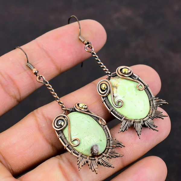 Lemon Chrysoprase Oval Green Handmade Copper Wire Wrapped Earrings