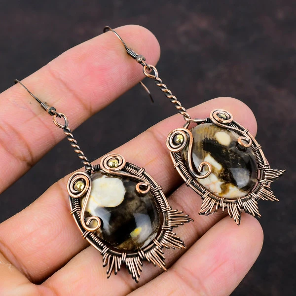 Peanut Wood Jasper Oval Brown Handmade Copper Wire Wrapped Earrings
