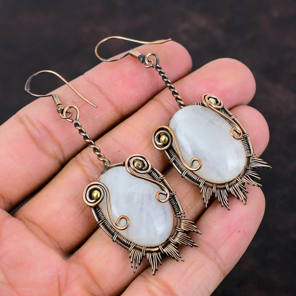 Rainbow Moonstone Oval White Handmade Copper Wire Wrapped Earrings