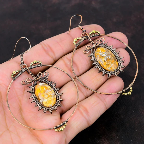 Brecciated Mookaite Oval Yellow Handmade Copper Wire Wrapped Earrings
