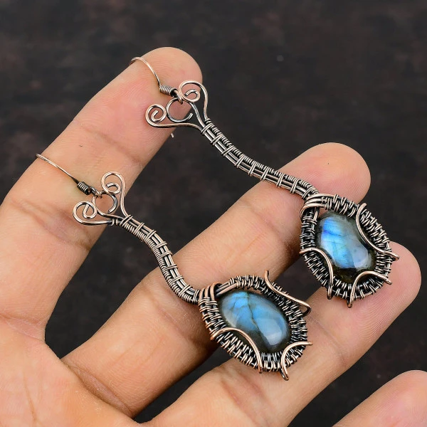 Labradorite Oval Gray Handmade Copper Wire Wrapped Earrings