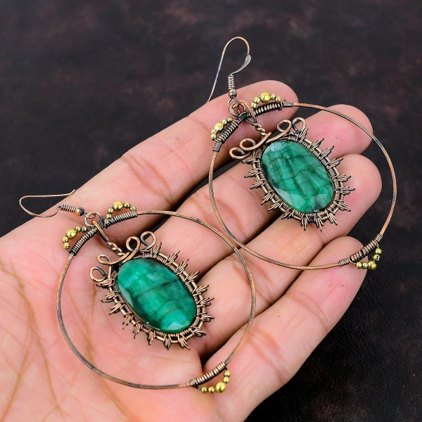 Zambian Emerald Oval Green Handmade Copper Wire Wrapped Earrings