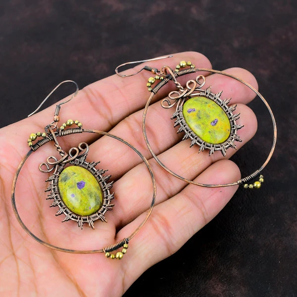 Stichtite Oval Green Handmade Copper Wire Wrapped Earrings