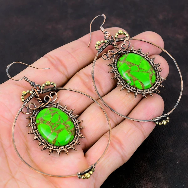 Copper Green Turquoise Oval Green Handmade Copper Wire Wrapped Earrings