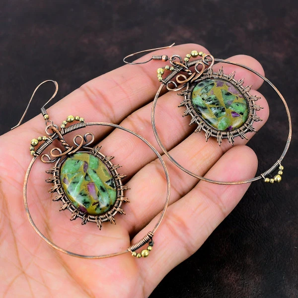 Copper Ruby Zoisite Oval Green Handmade Copper Wire Wrapped Earrings