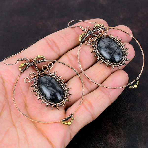 Picasso Jasper Oval Black Handmade Copper Wire Wrapped Earrings