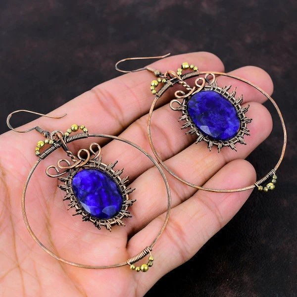 Blue Sapphire Oval Blue Handmade Copper Wire Wrapped Earrings