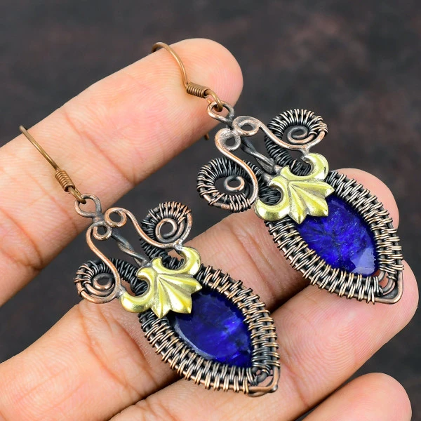Blue Sapphire Oval Blue Handmade Copper Wire Wrapped Earrings