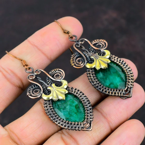 Zambian Emerald Oval Green Handmade Copper Wire Wrapped Earrings
