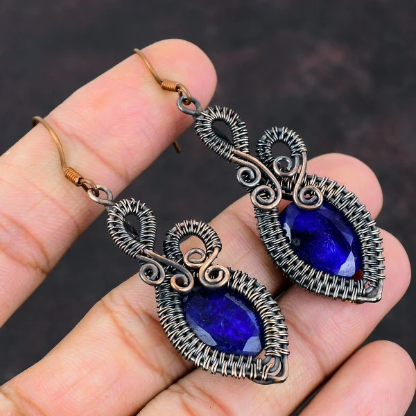Blue Sapphire Oval Blue Handmade Copper Wire Wrapped Earrings
