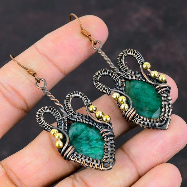 Zambian Emerald Oval Green Handmade Copper Wire Wrapped Earrings