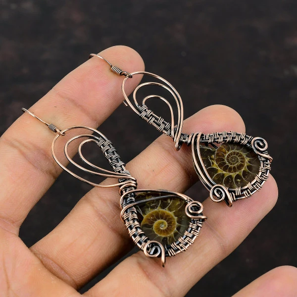 Ammonite Fossil Pear Brown Handmade Copper Wire Wrapped Earrings