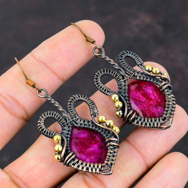 Kashmir Ruby Oval Red Handmade Copper Wire Wrapped Earrings