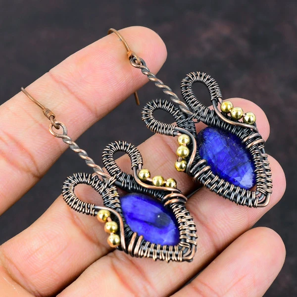 Blue Sapphire Oval Blue Handmade Copper Wire Wrapped Earrings
