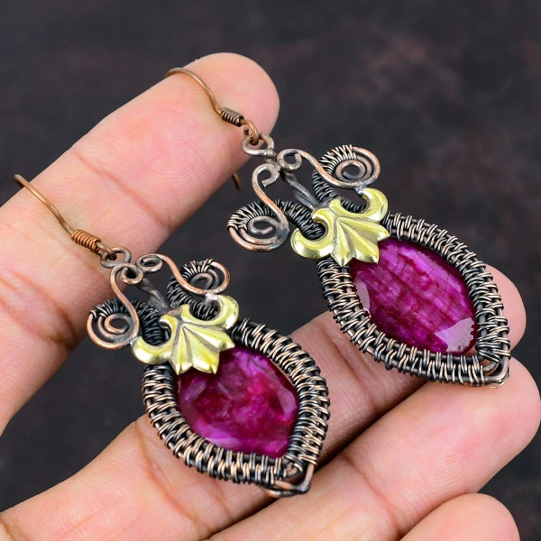 Kashmir Ruby Oval Red Handmade Copper Wire Wrapped Earrings