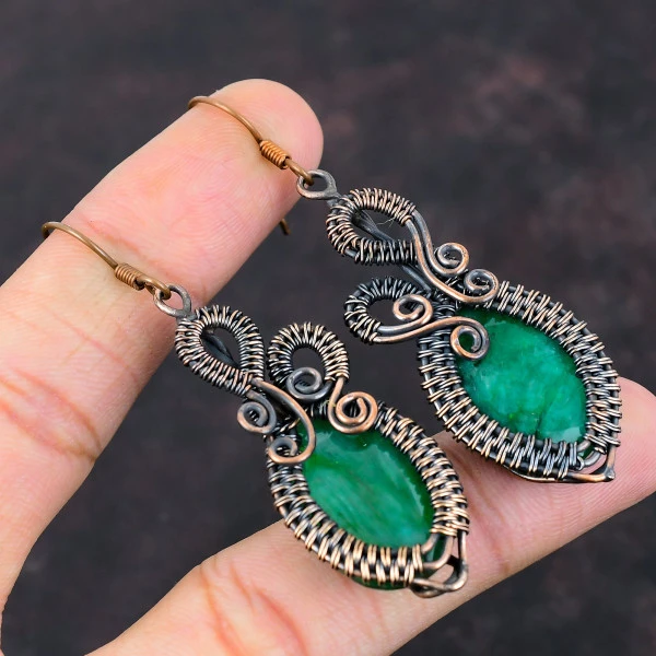 Zambian Emerald Oval Green Handmade Copper Wire Wrapped Earrings