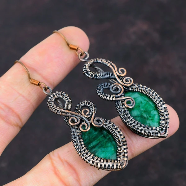 Zambian Emerald Oval Green Handmade Copper Wire Wrapped Earrings